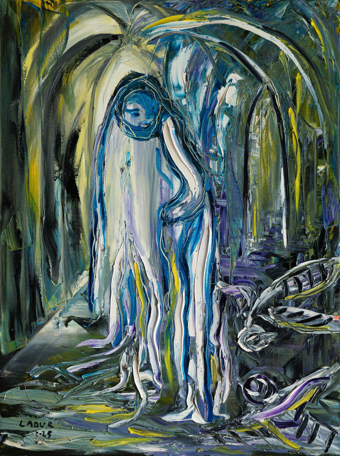 A translucent figure beneath an arch of trees in blue-green dusk