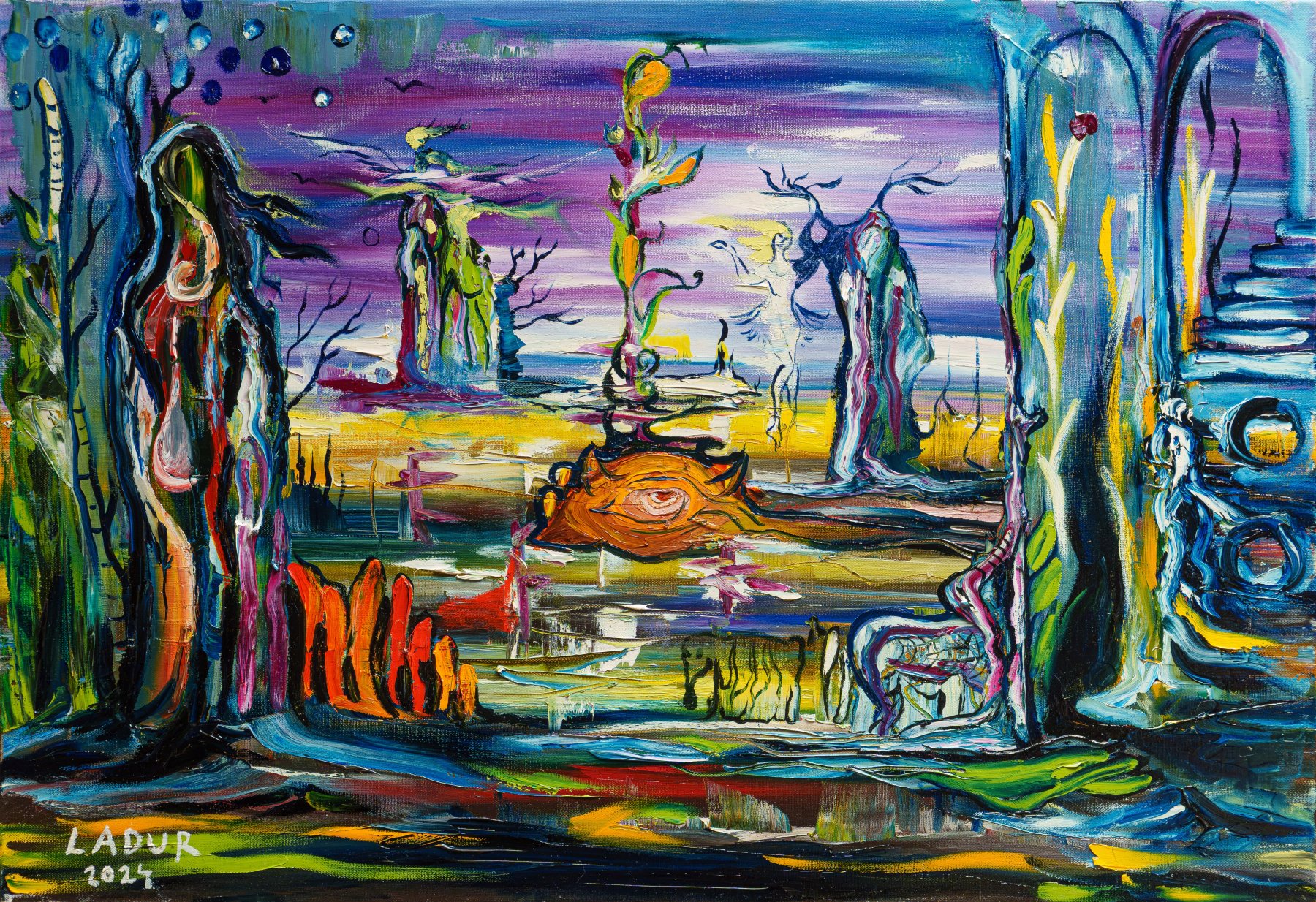 Veiled figures among columns and animals in a dream landscape