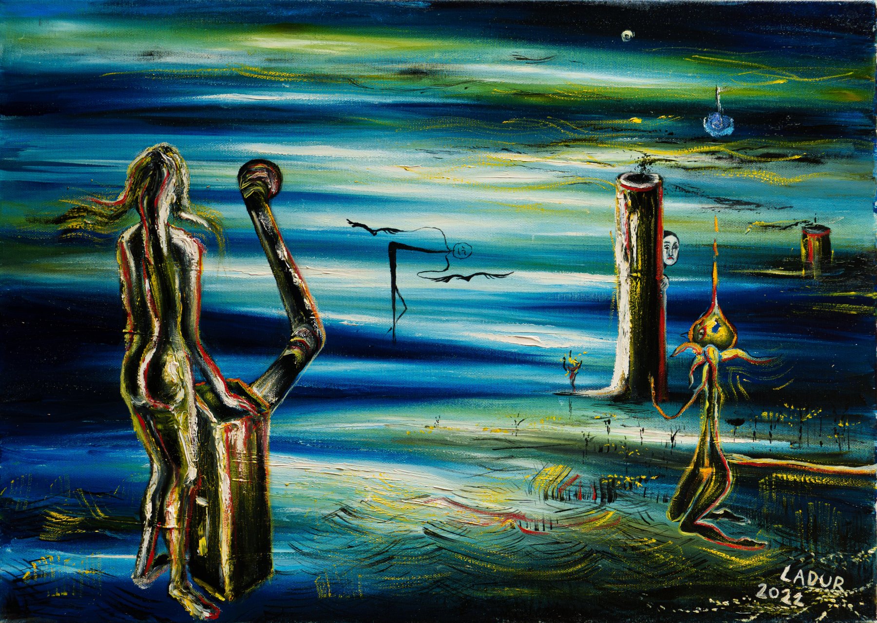 Two figures by the water, a stove and a blue-green shore