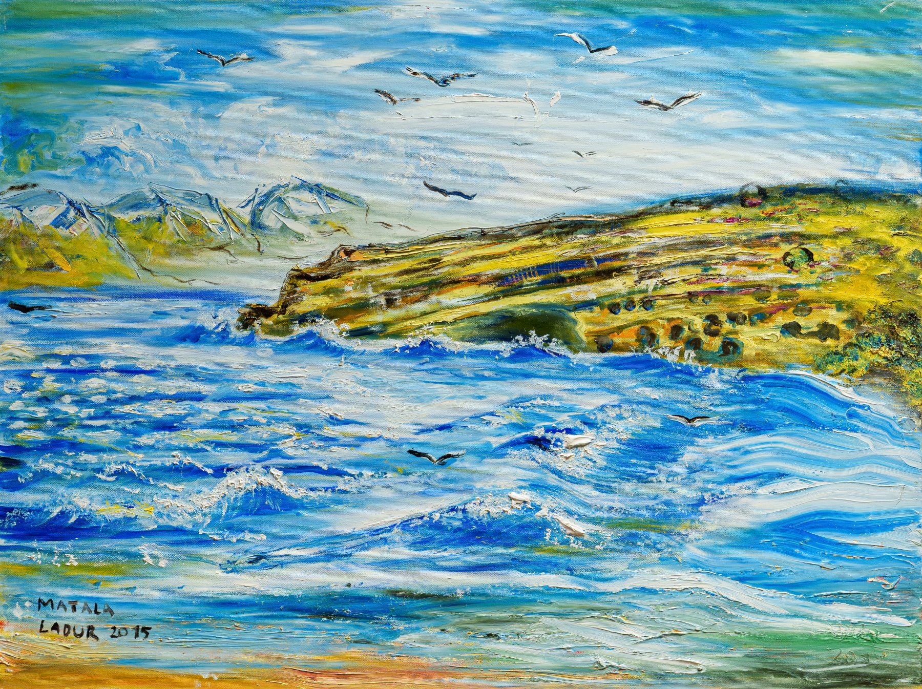 A rocky headland above a moving sea with gulls