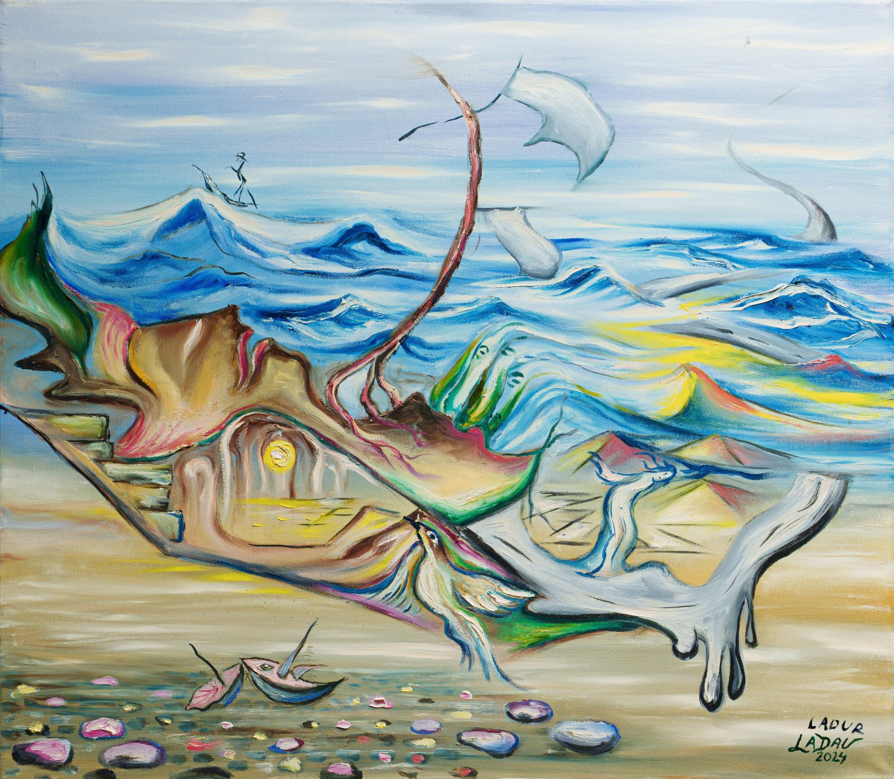 Melting forms on a shore below mountains, stones in the foreground