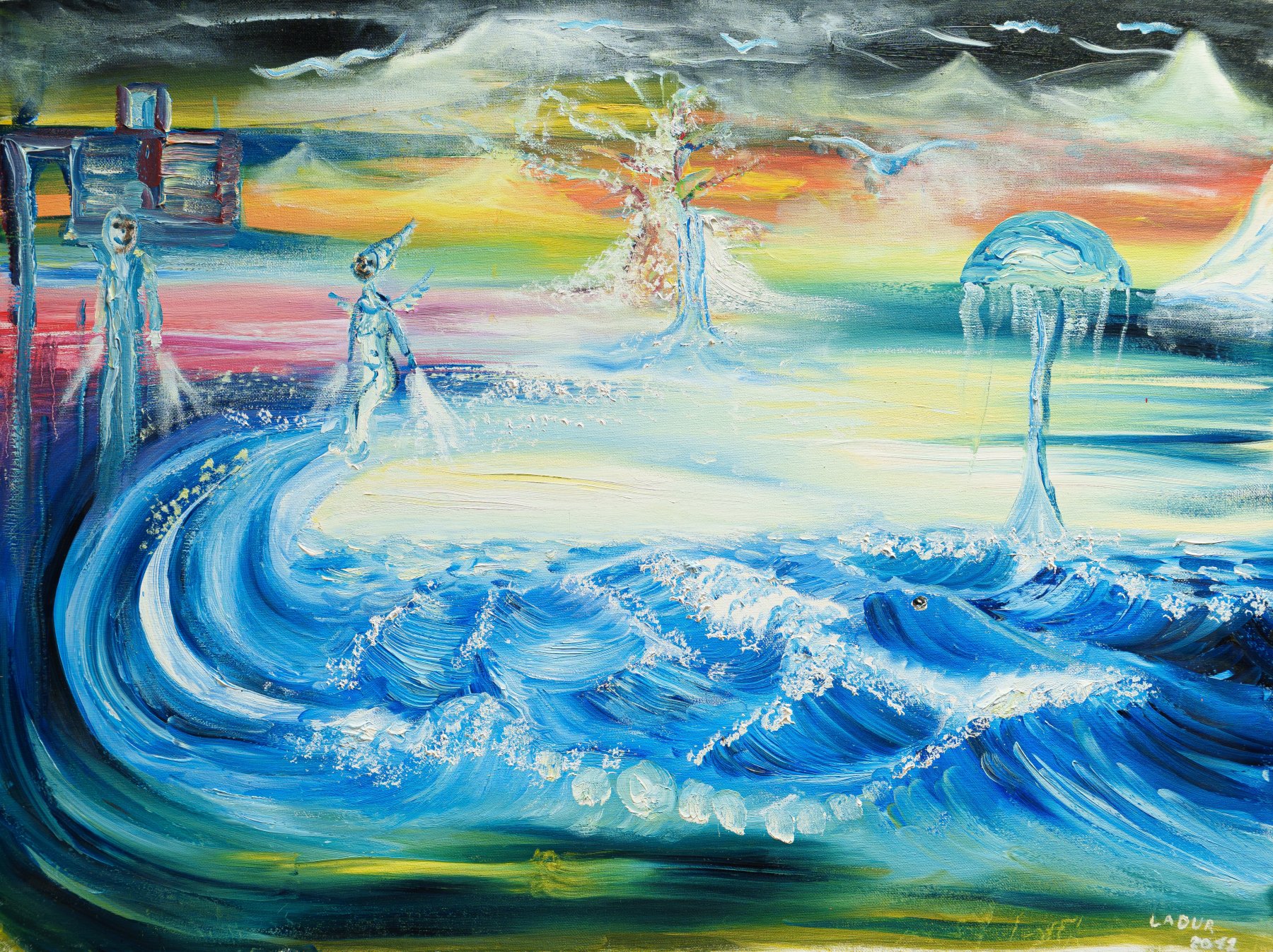 A turquoise wave and figures walking on the water
