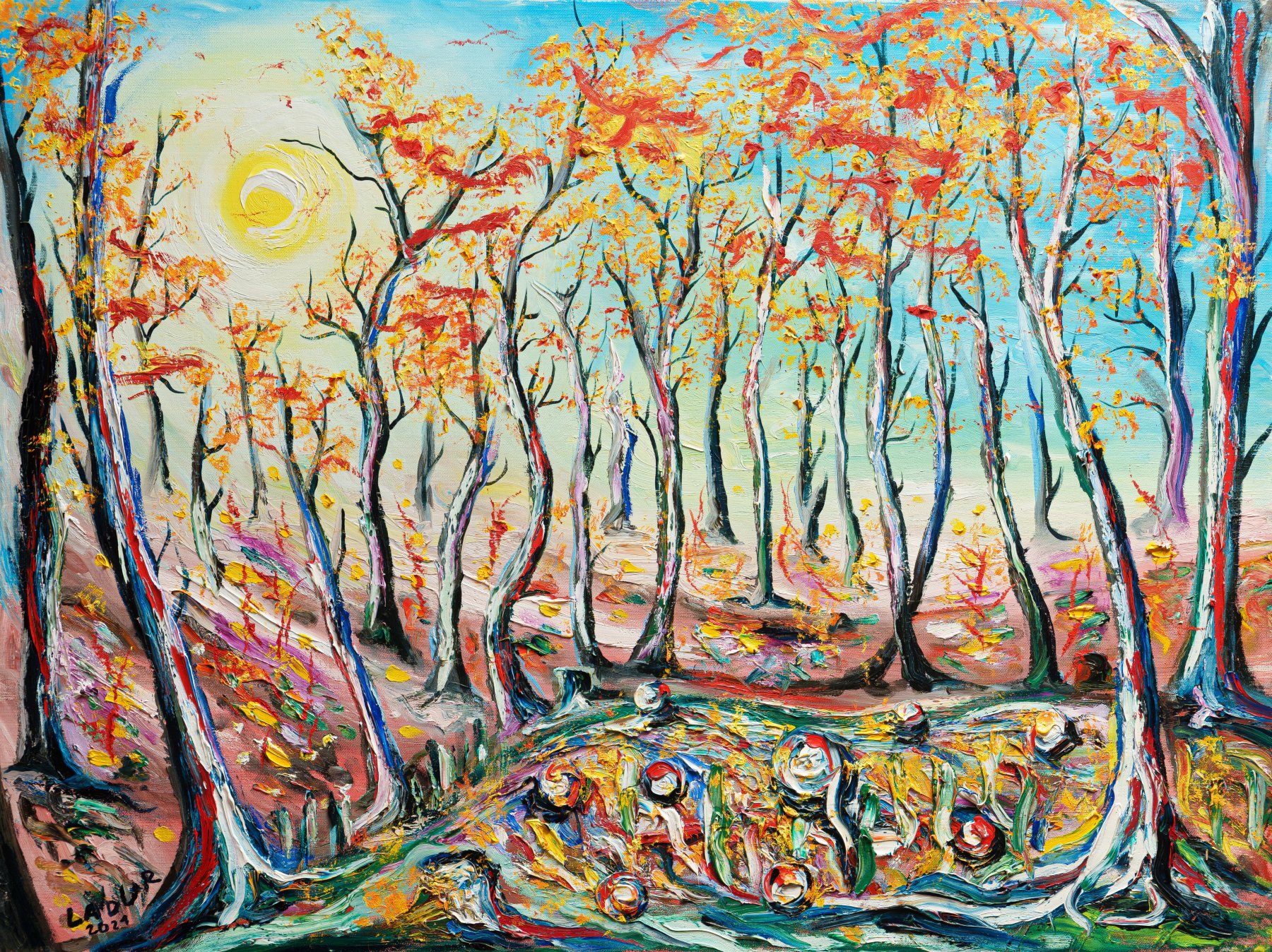 Autumn trees in orange leaf, painted outdoors