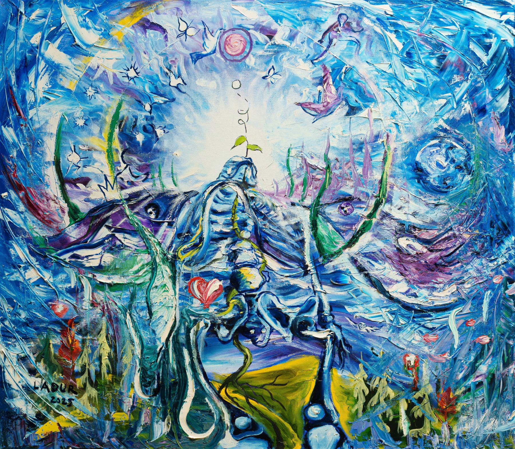 A tangle of faces and symbols in a blue-green depth