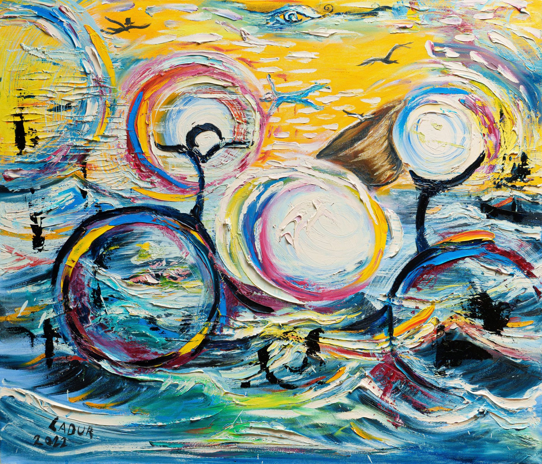 Wheel-like circles in an orange landscape, an abstract composition