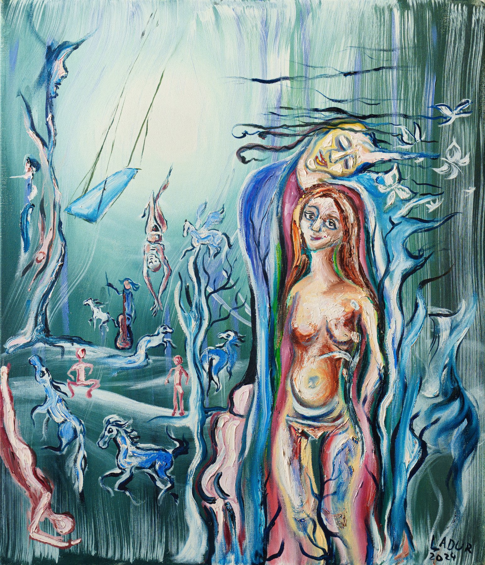 A female figure behind veil-like curtains, shadowy figures around her
