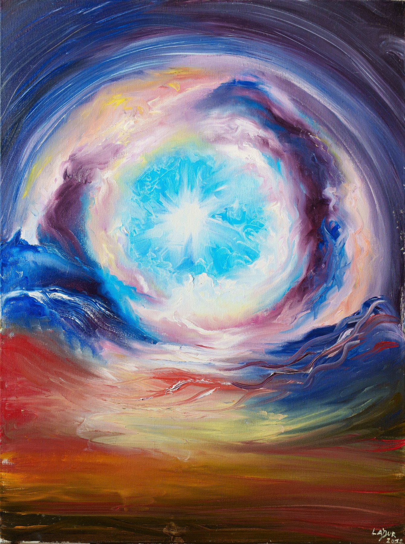 A blue eye of light at the centre of swirling cloud above an ochre ground