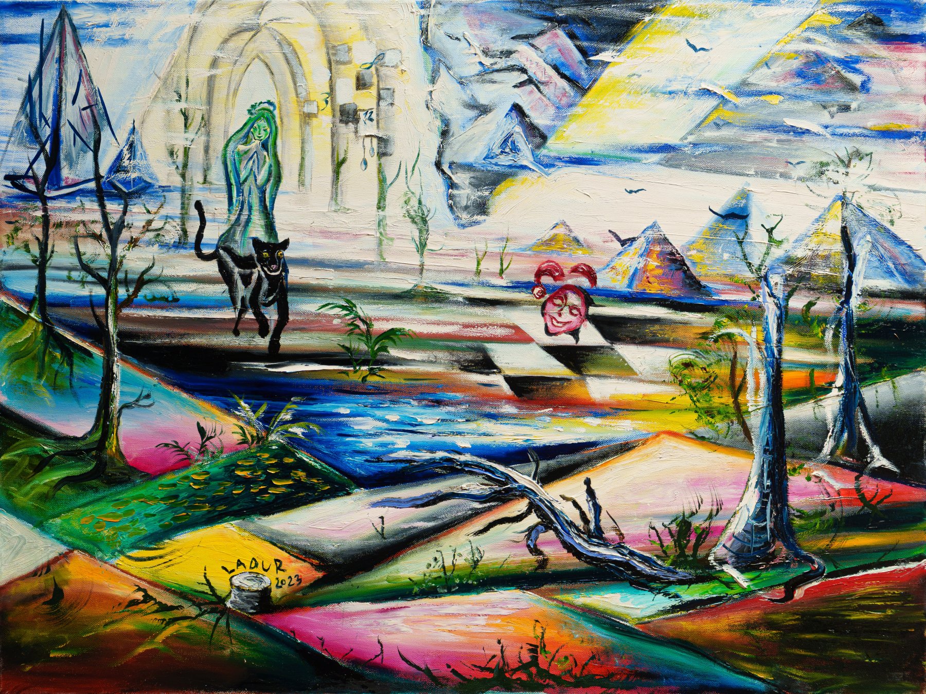 A dream landscape with a temple arch, a chequered plain and a figure