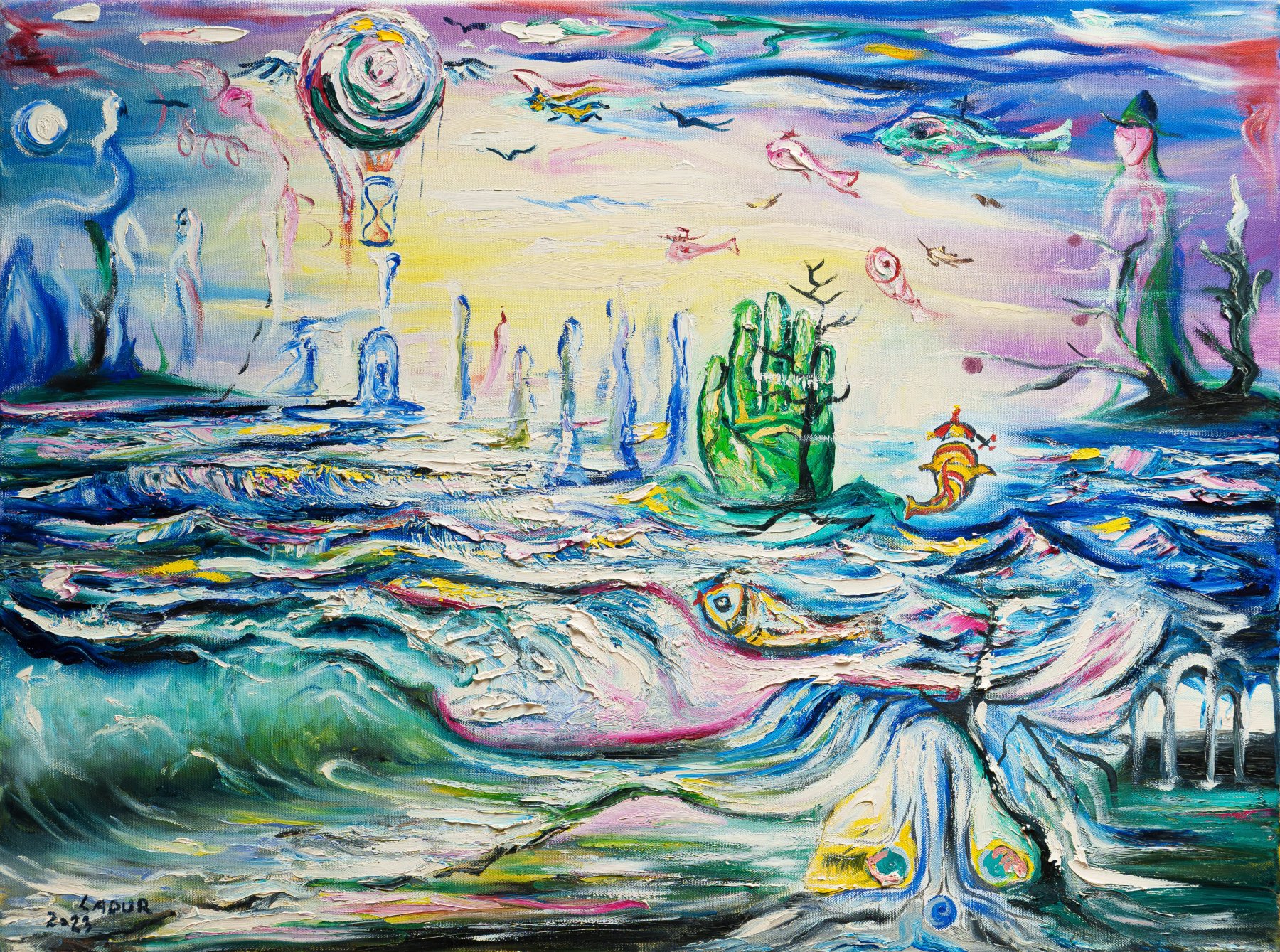 A pale sea with silent figures on the shore and fish in the waves